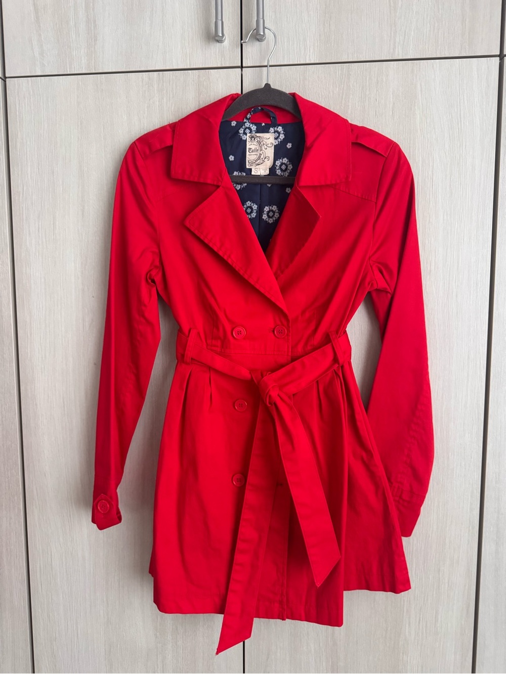 Tulle Women's Bright Red Double-Breasted Pea Coat with Belt